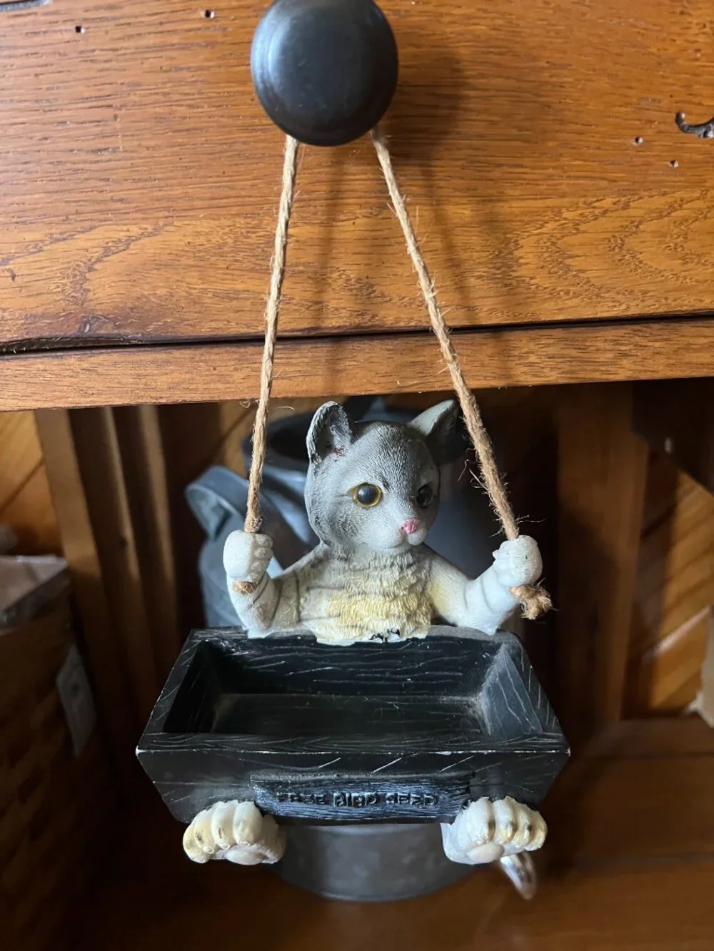 Vintage Gray Cat Birdfeeder Hanging or Shelf resin figurine 1990s